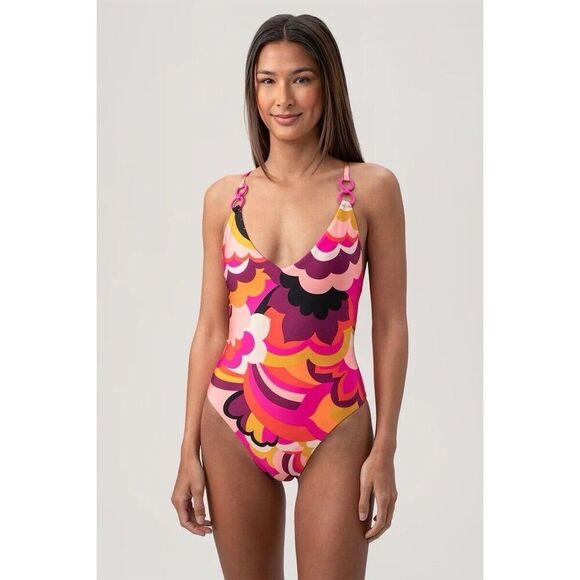 Trina Turk Women's Fan Faire One Piece Swimsuit Halter Plunge Size 12 - Picture 2 of 14
